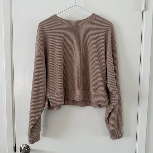 Alo Yoga Muse Ribbed Set Size S Crew Pullover + Wide Leg Pant Gravel Heather - Picture 7 of 11